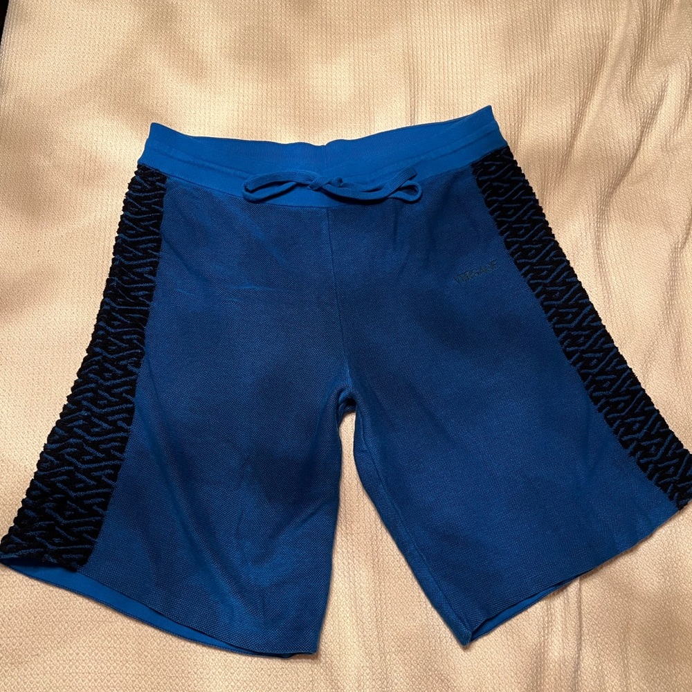 Versace la greca sapphire sweater knit shorts men’s 56 $725 sapphire blue NWT